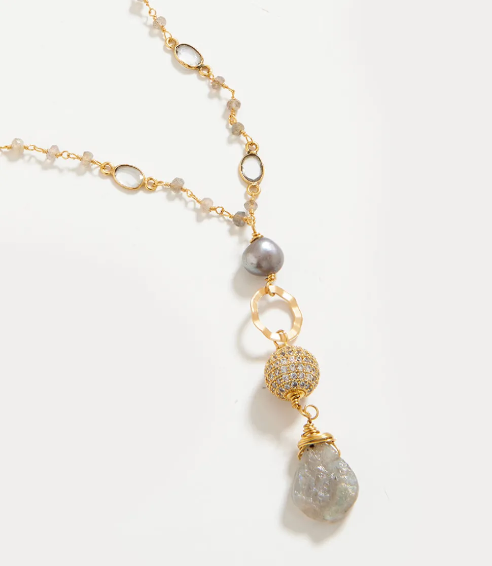 Long Beaded Pearl and Gemstone Necklace