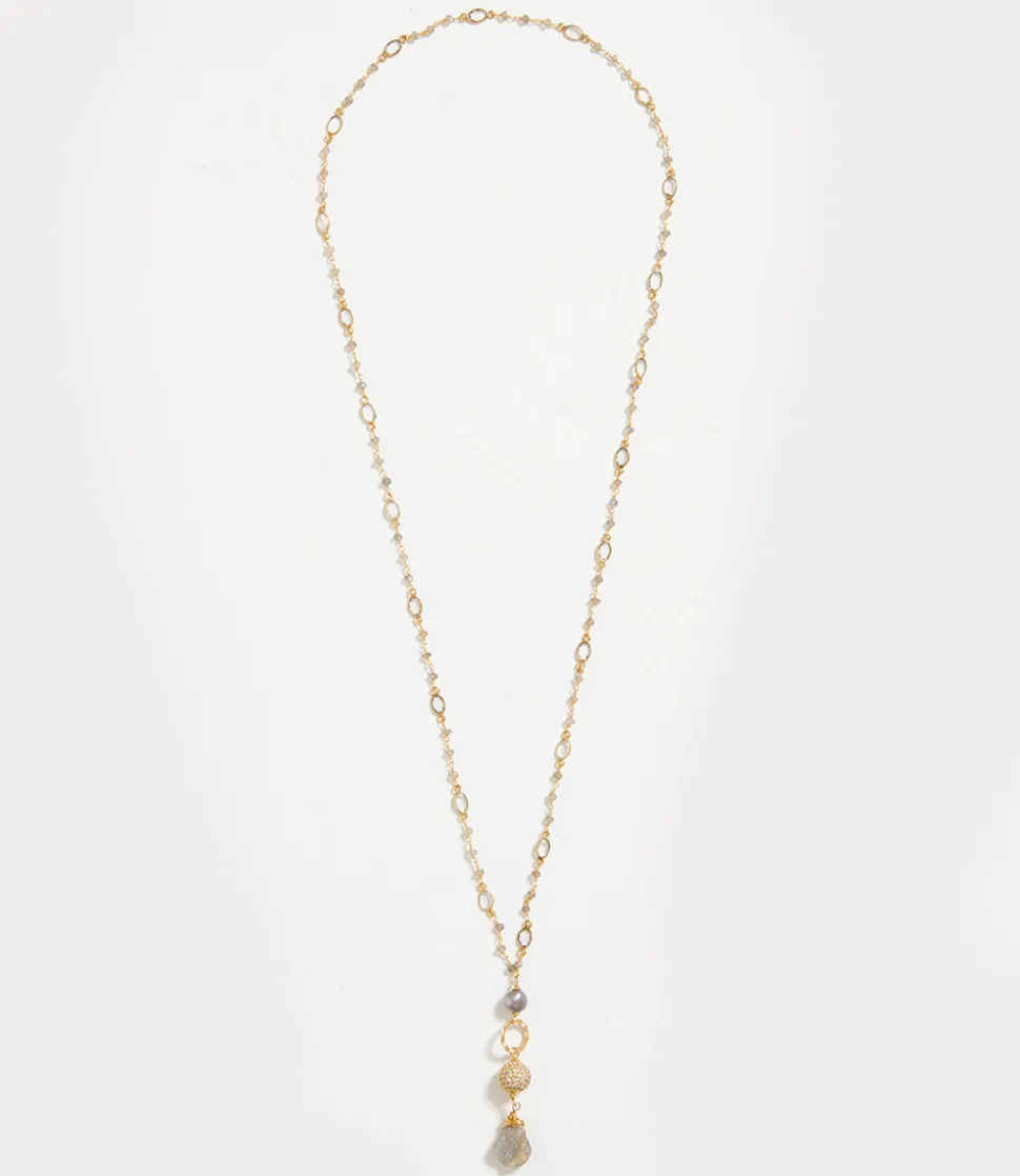 Long Beaded Pearl and Gemstone Necklace