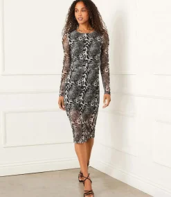 Mesh Side Shirred Midi Dress