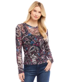 Petite Size Long Sleeve Paisley Crew Neck Top