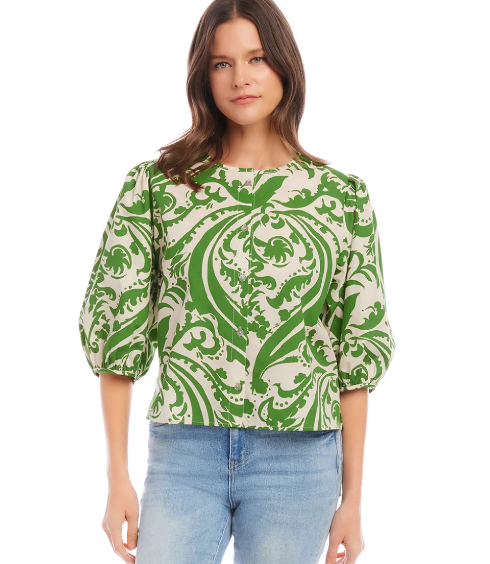 Petite Size Puff Sleeve Button Front Shirt