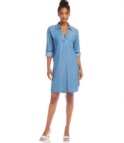 Petite Size Roll Tab Sleeve Chambray Shirtdress