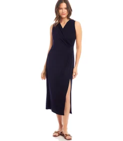 Petite Size Sleeveless Faux Wrap Midi Dress
