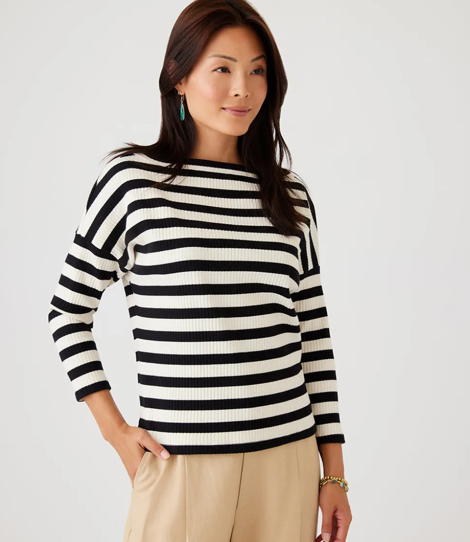 Petite Size Stripe Three Quarter Sleeve Boatneck Top