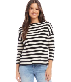 Petite Size Stripe Three Quarter Sleeve Boatneck Top