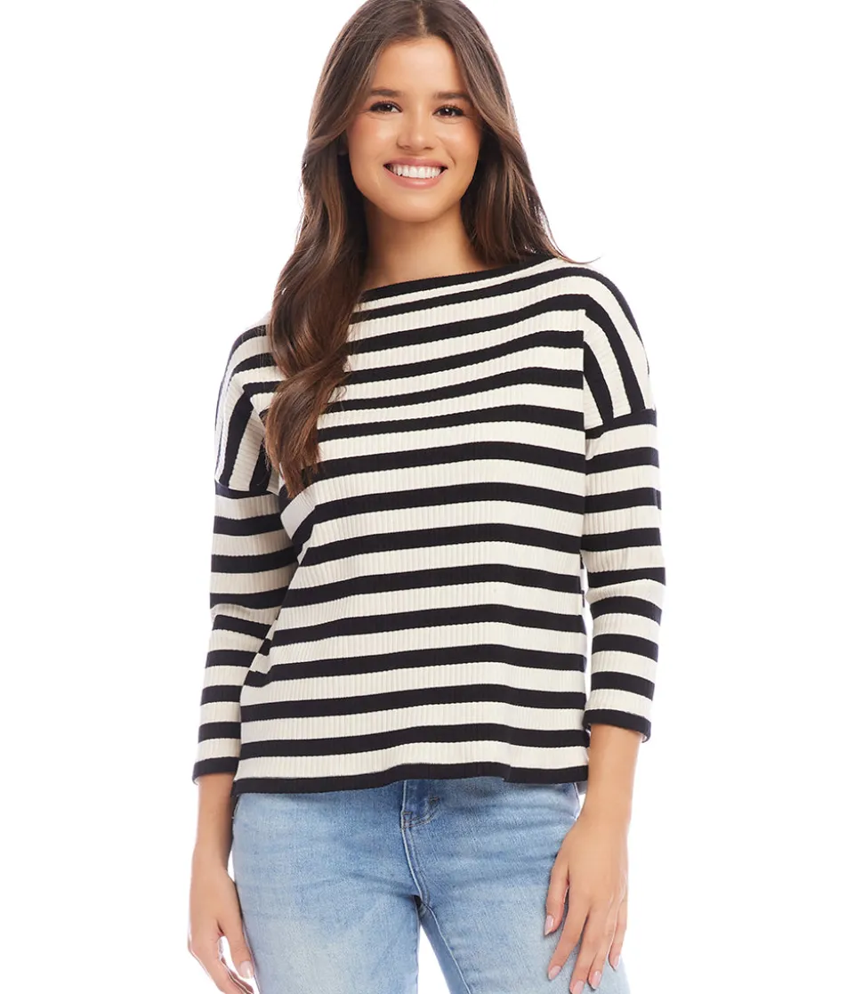 Petite Size Stripe Three Quarter Sleeve Boatneck Top