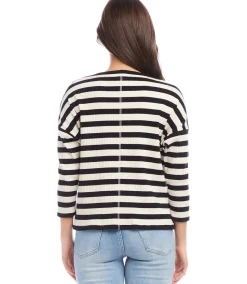 Petite Size Stripe Three Quarter Sleeve Boatneck Top