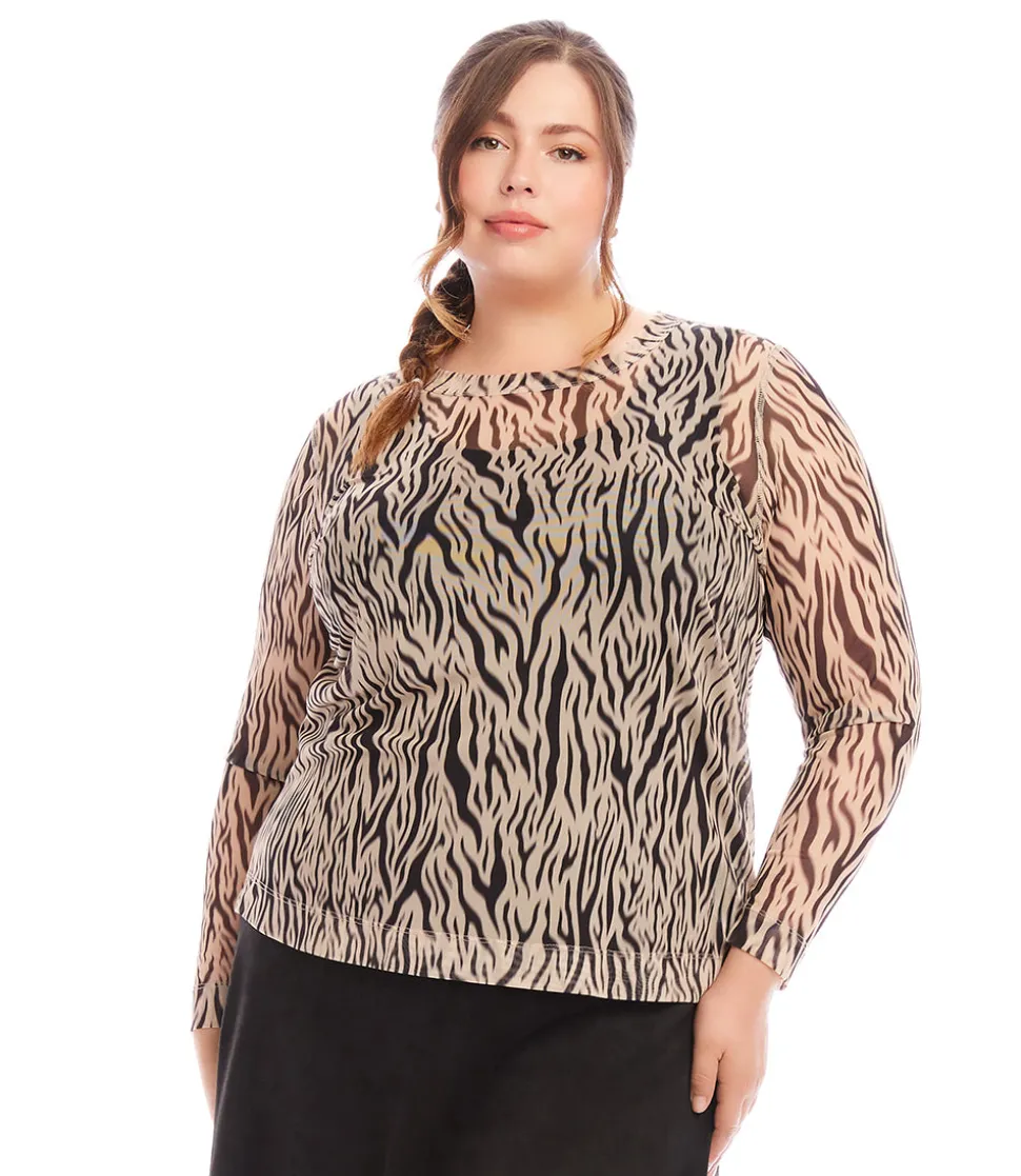Plus Size Long Sleeve Crew Neck Mesh Top