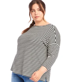 Plus Size Stripe Three Quarter Sleeve Boatneck Top