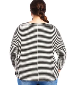 Plus Size Stripe Three Quarter Sleeve Boatneck Top