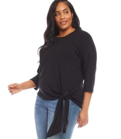Plus Size Three Quarter Sleeve Side-Tie Top