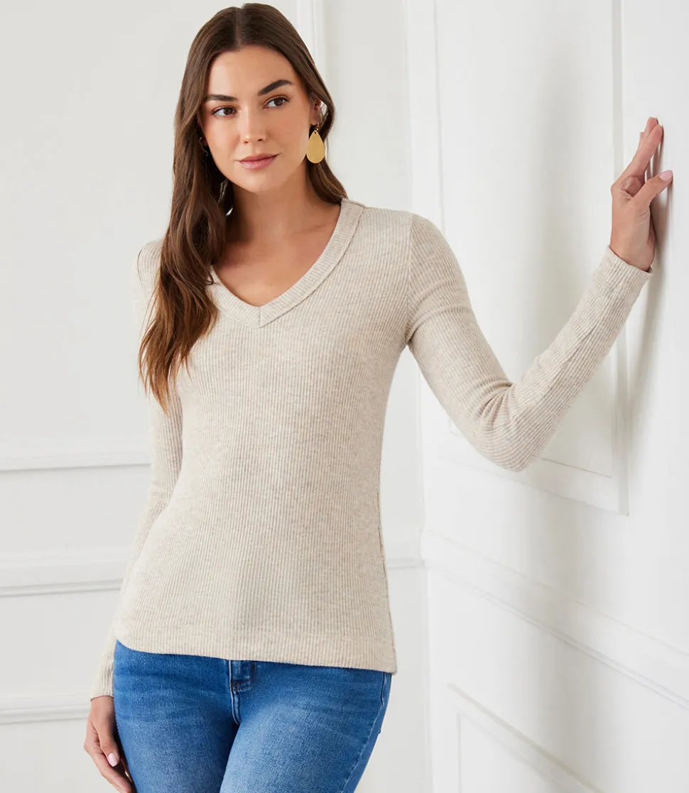 Ribbed Long Sleeve V-neck Top