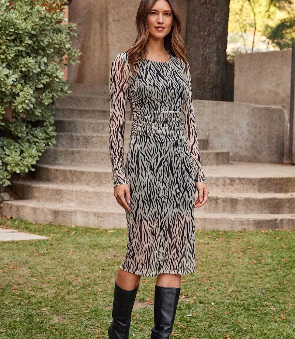 Side Shirred Midi Mesh Dress