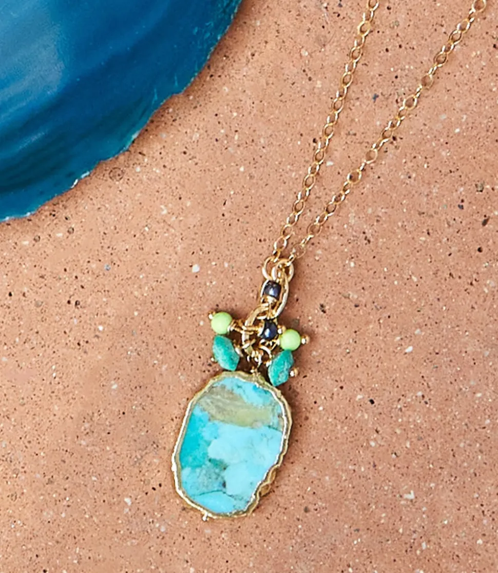 Turquoise Pendant And Beaded Cluster Necklace