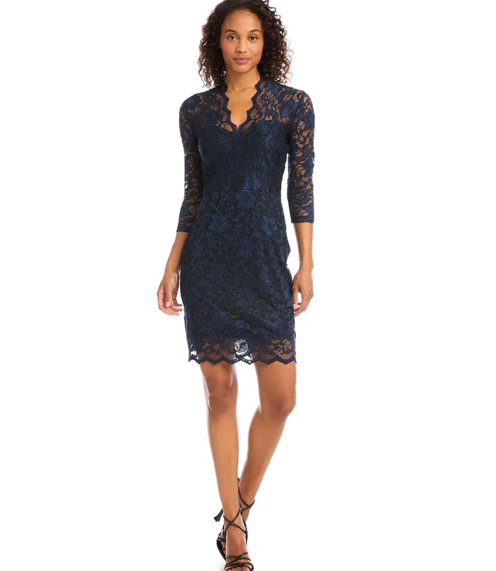 V-Neck Scallop Hem Lace Dress
